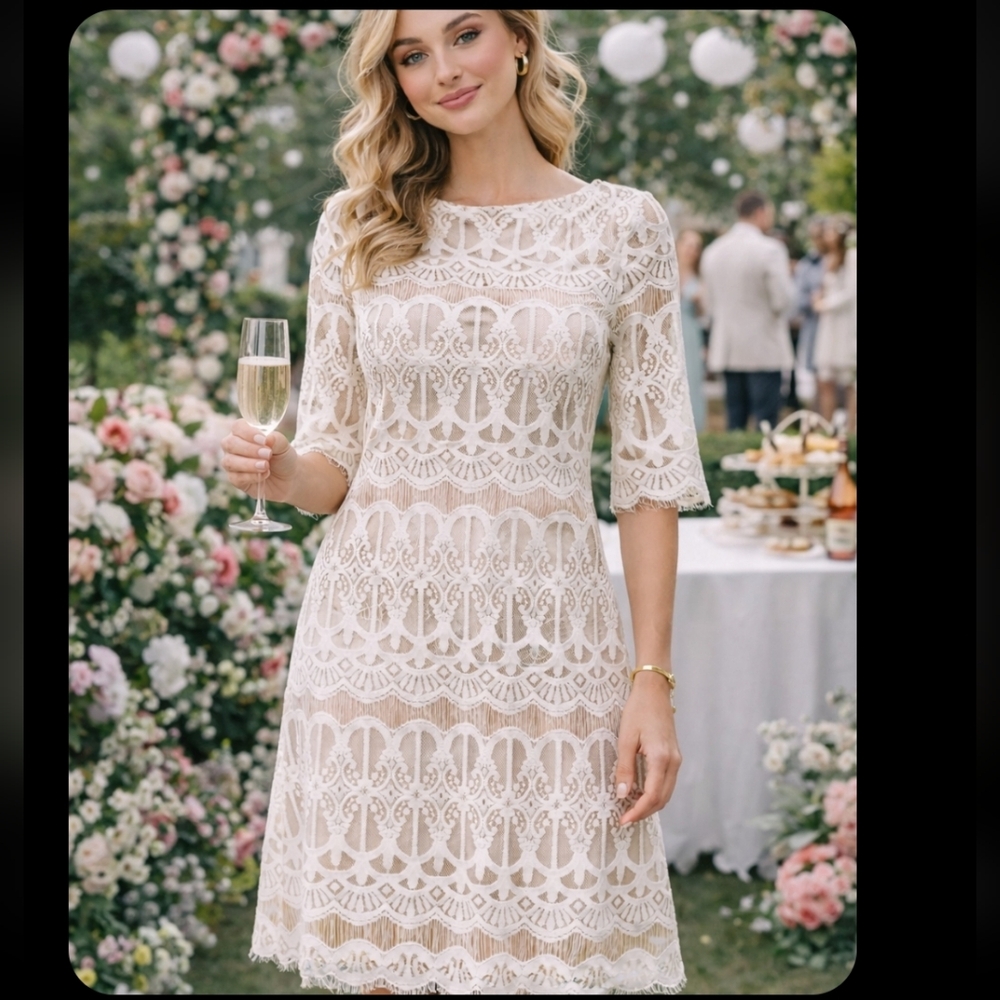 Dressbarn Cream Lace Dress Nude Lining Size 6 NWT Wedding Guest Garden Party